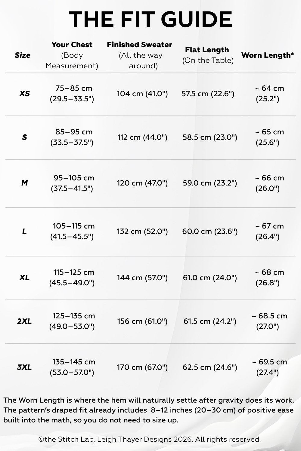 Fit guide chart for Brioche Crochet Sweater with an oversized fit with size measurements and dimensions.