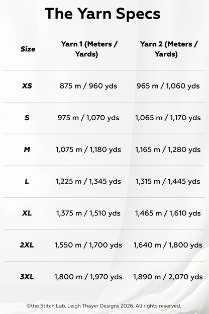 Yarn specifications chart for different sizes of the Brioche Crochet Pullover with yarn lengths in meters and yards.