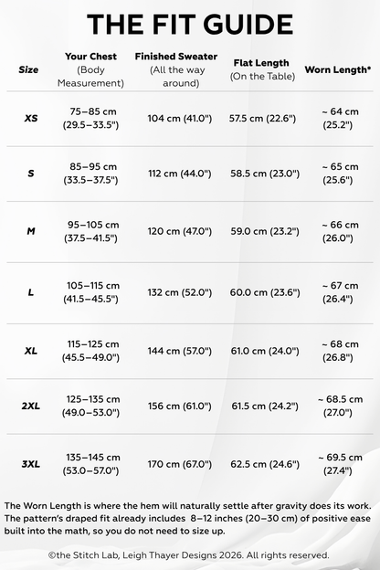 Brioche Crochet Vest — size-inclusive fit guide card showing body chest measurement, finished sweater, flat length, and worn length across seven sizes XS through 3XL with 8 to 12 inches positive ease.